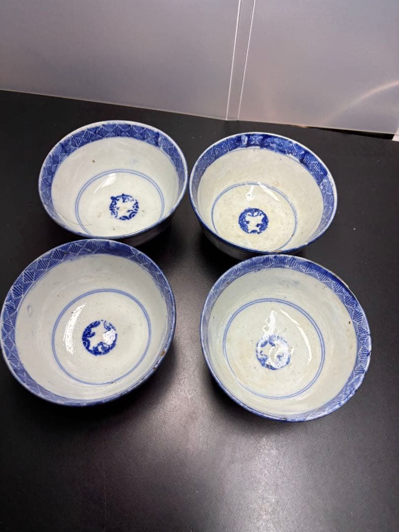 古伊万里 染付 茶碗 呉須 明治期 青磁 アンティーク ４客 古美術 骨董品