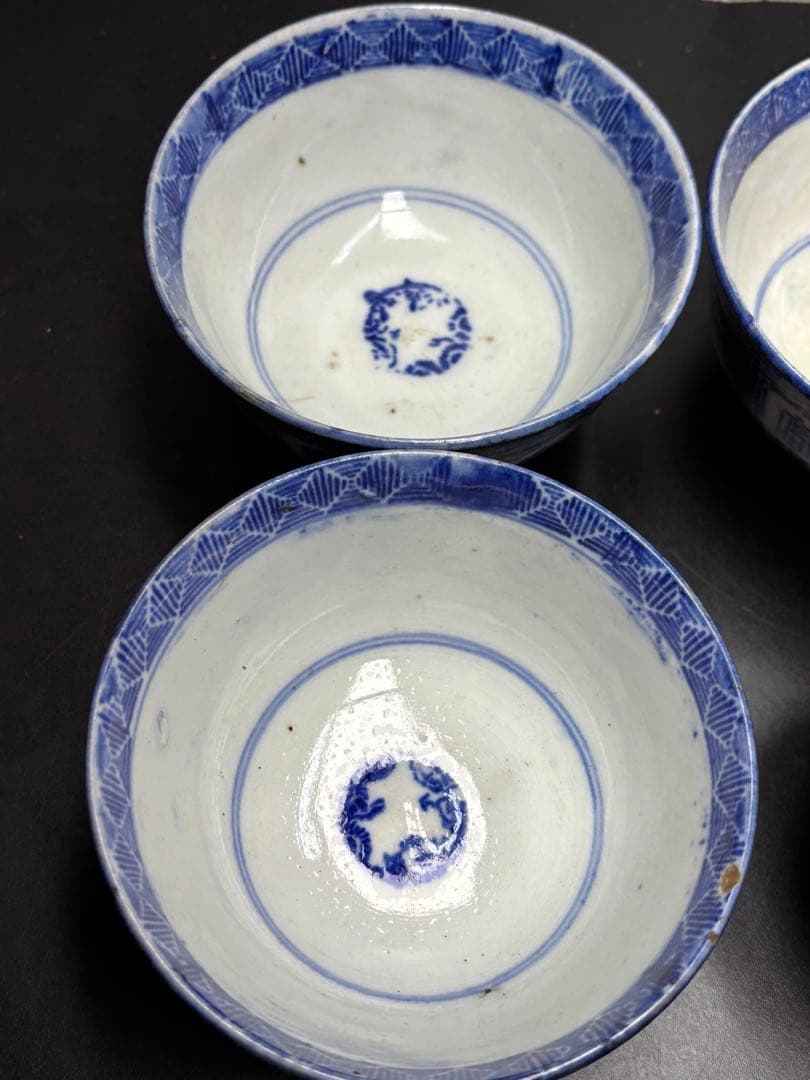 古伊万里 染付 茶碗 呉須 明治期 青磁 アンティーク ４客 古美術 骨董品