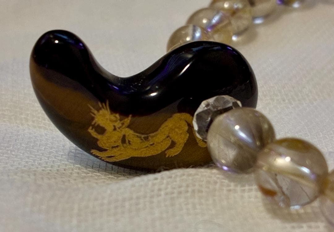 天珠ブレスレット龍神 三眼 蓮花 6Aルチルクォーツ 勾玉タイガーアイ 17cm