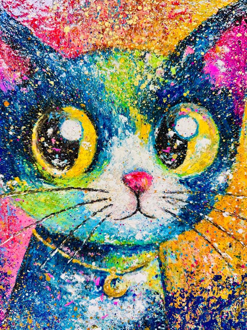 原画　猫画 オイルパステル絵画【 願いを託す月猫 】