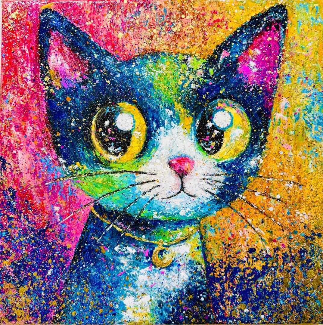 原画　猫画 オイルパステル絵画【 願いを託す月猫 】